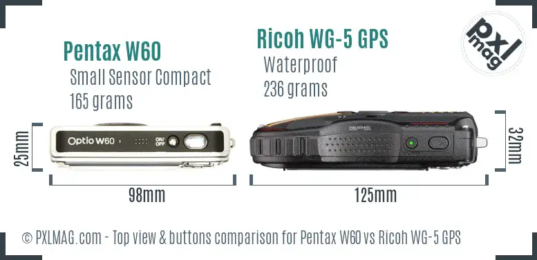 Pentax W60 vs Ricoh WG-5 GPS top view buttons comparison