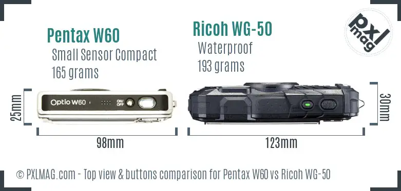 Pentax W60 vs Ricoh WG-50 top view buttons comparison