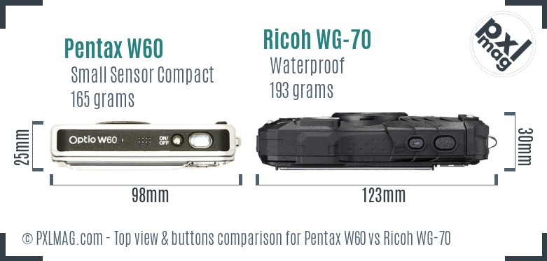 Pentax W60 vs Ricoh WG-70 top view buttons comparison