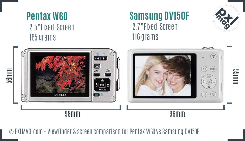 Pentax W60 vs Samsung DV150F Screen and Viewfinder comparison