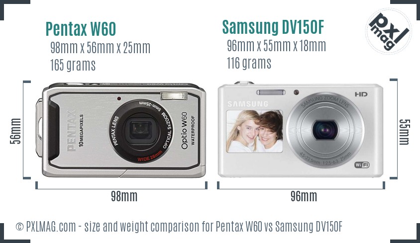 Pentax W60 vs Samsung DV150F size comparison