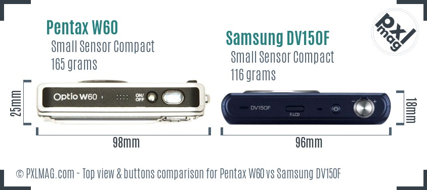 Pentax W60 vs Samsung DV150F top view buttons comparison