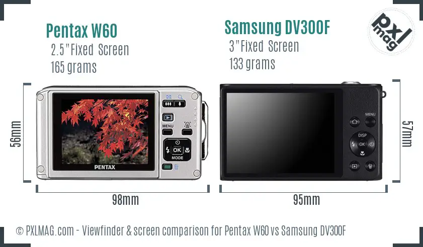 Pentax W60 vs Samsung DV300F Screen and Viewfinder comparison
