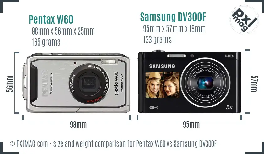Pentax W60 vs Samsung DV300F size comparison