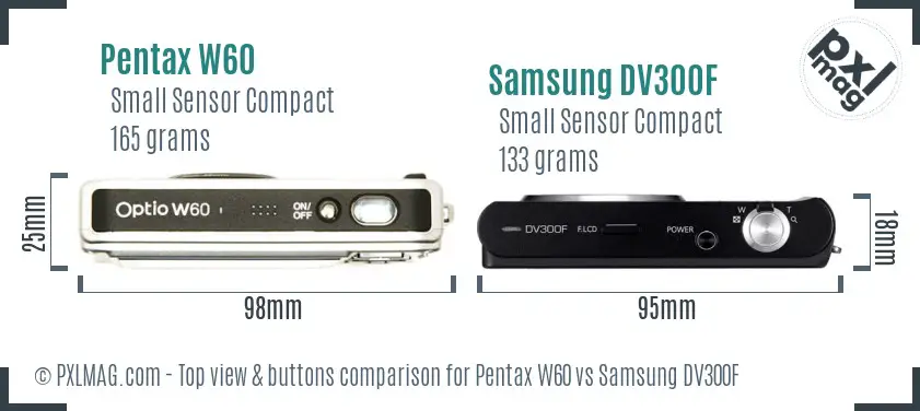 Pentax W60 vs Samsung DV300F top view buttons comparison