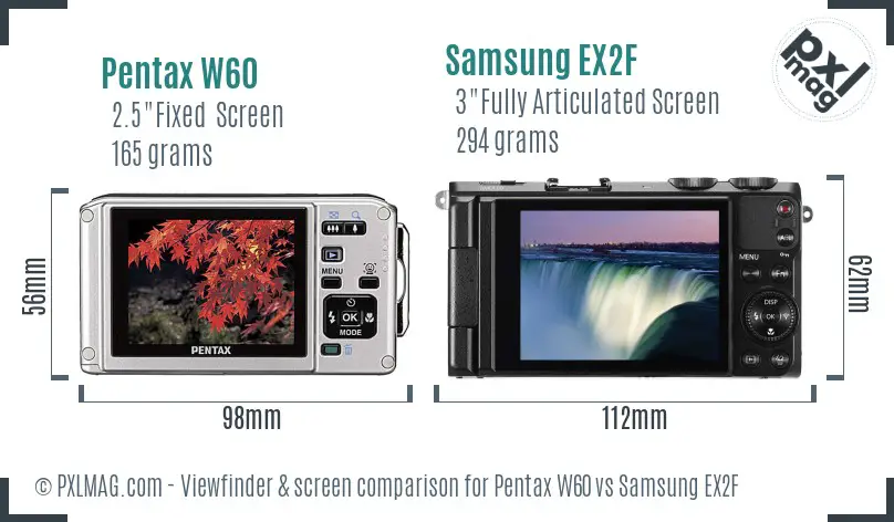 Pentax W60 vs Samsung EX2F Screen and Viewfinder comparison