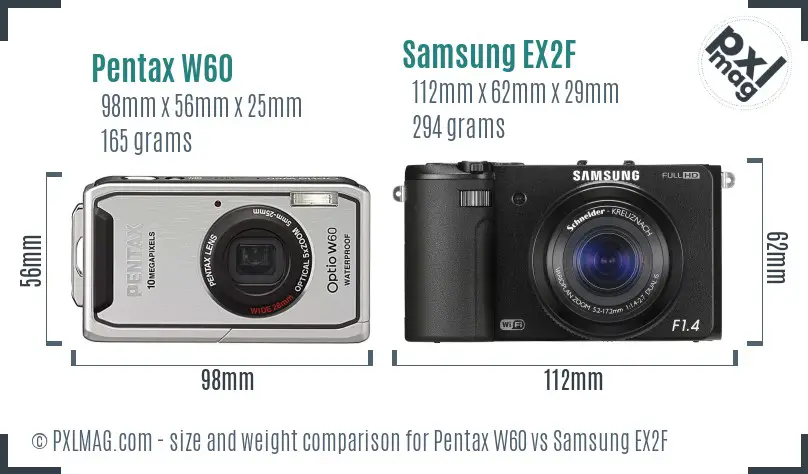 Pentax W60 vs Samsung EX2F size comparison