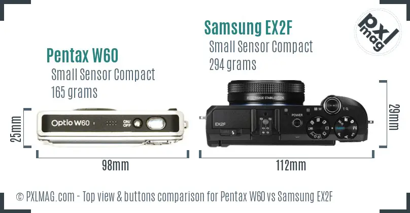 Pentax W60 vs Samsung EX2F top view buttons comparison