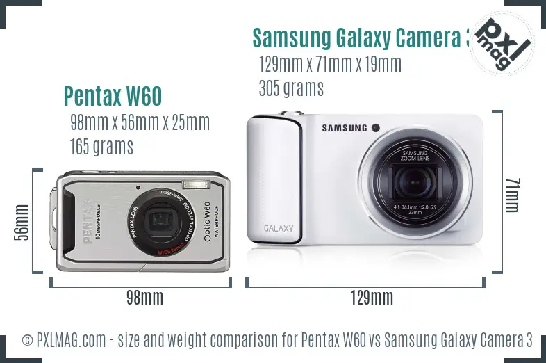 Pentax W60 vs Samsung Galaxy Camera 3G size comparison