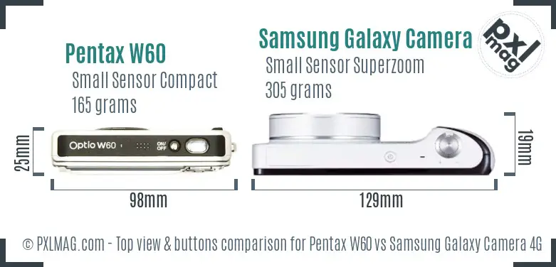 Pentax W60 vs Samsung Galaxy Camera 4G top view buttons comparison