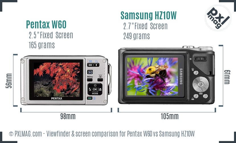 Pentax W60 vs Samsung HZ10W Screen and Viewfinder comparison