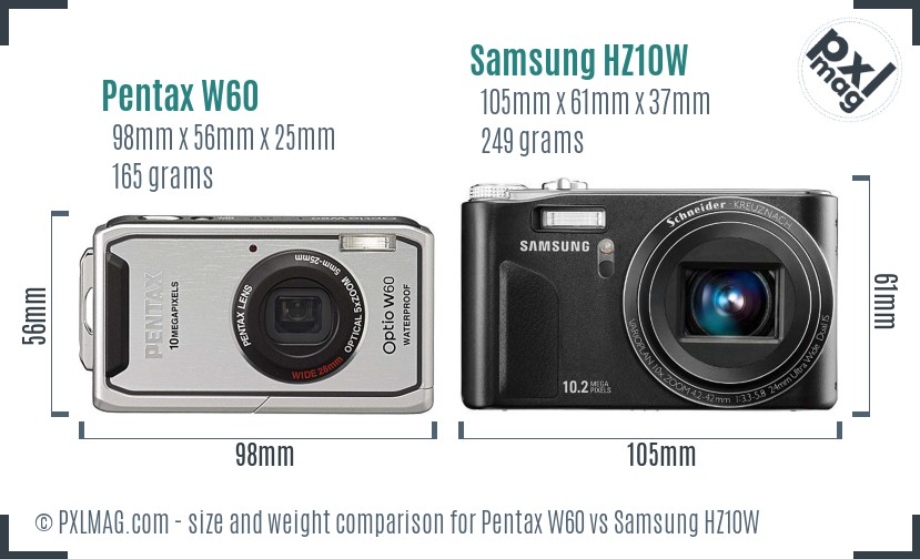 Pentax W60 vs Samsung HZ10W size comparison Pentax W60 vs Samsung HZ10W size comparison