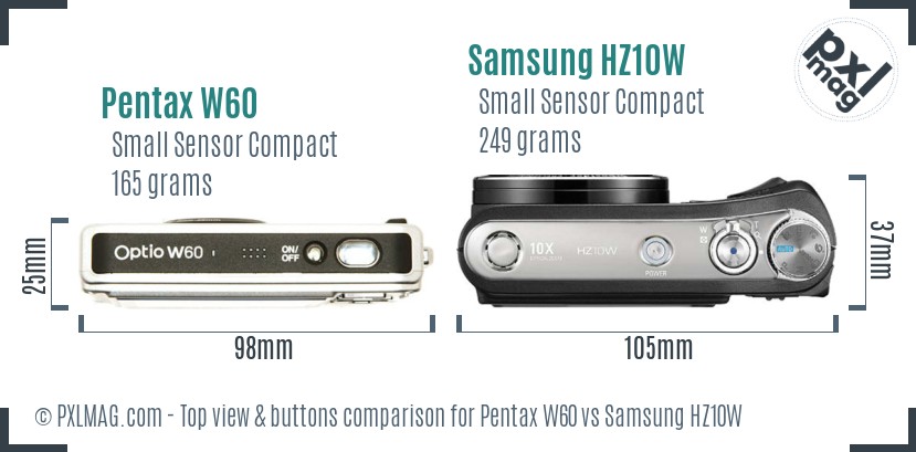 Pentax W60 vs Samsung HZ10W top view buttons comparison