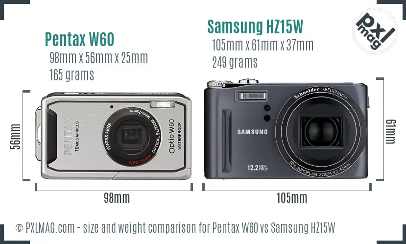 Pentax W60 vs Samsung HZ15W size comparison