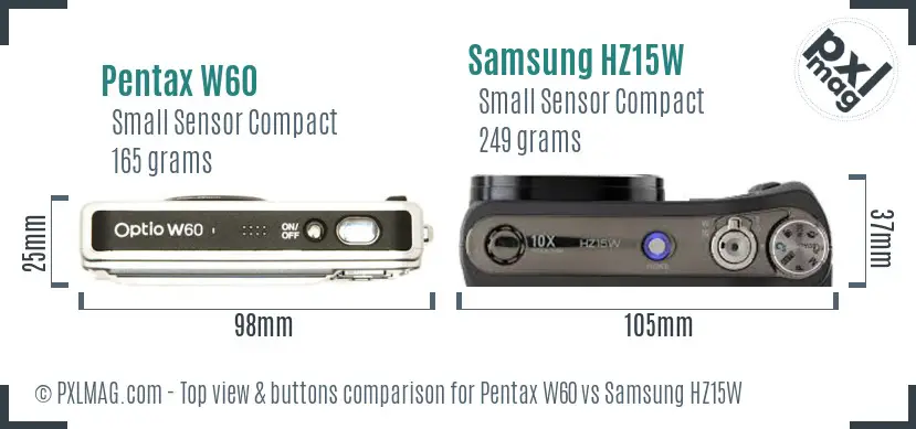 Pentax W60 vs Samsung HZ15W top view buttons comparison