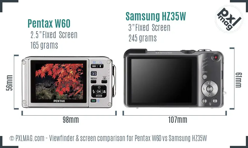 Pentax W60 vs Samsung HZ35W Screen and Viewfinder comparison