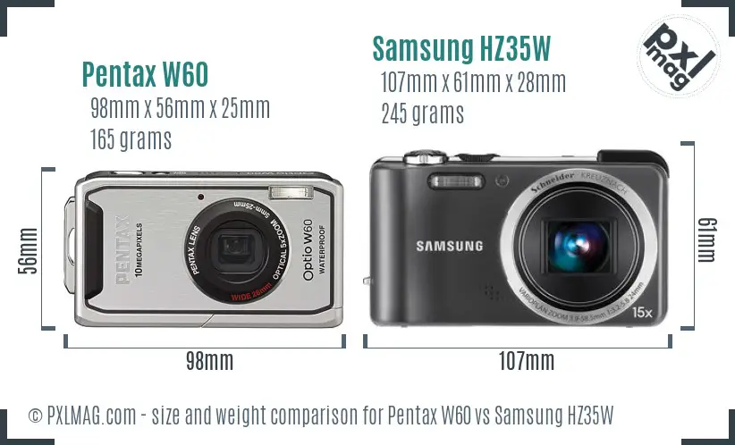 Pentax W60 vs Samsung HZ35W size comparison