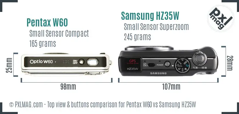 Pentax W60 vs Samsung HZ35W top view buttons comparison