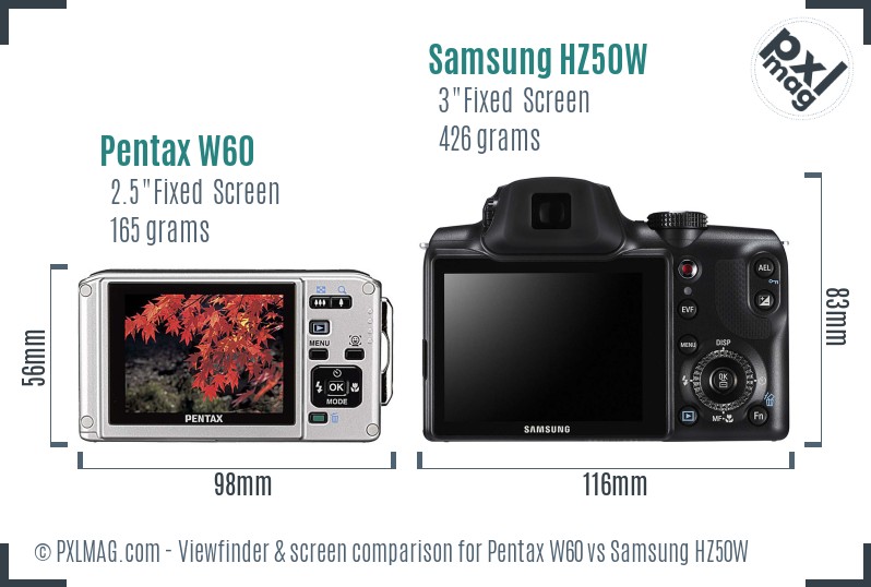 Pentax W60 vs Samsung HZ50W Screen and Viewfinder comparison