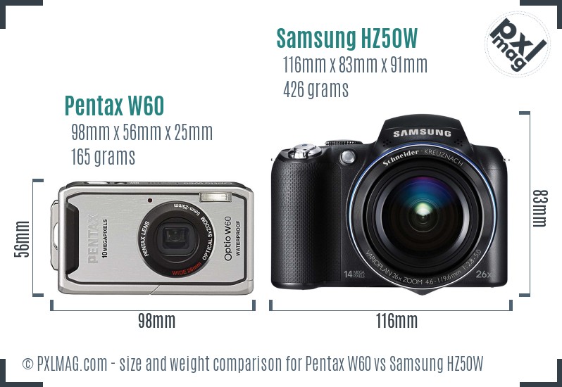 Pentax W60 vs Samsung HZ50W size comparison