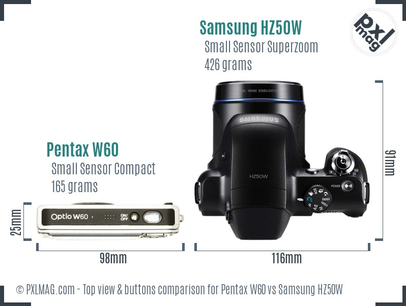 Pentax W60 vs Samsung HZ50W top view buttons comparison