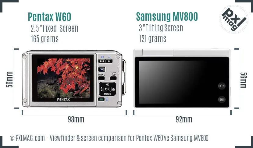 Pentax W60 vs Samsung MV800 Screen and Viewfinder comparison