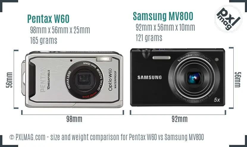 Pentax W60 vs Samsung MV800 size comparison