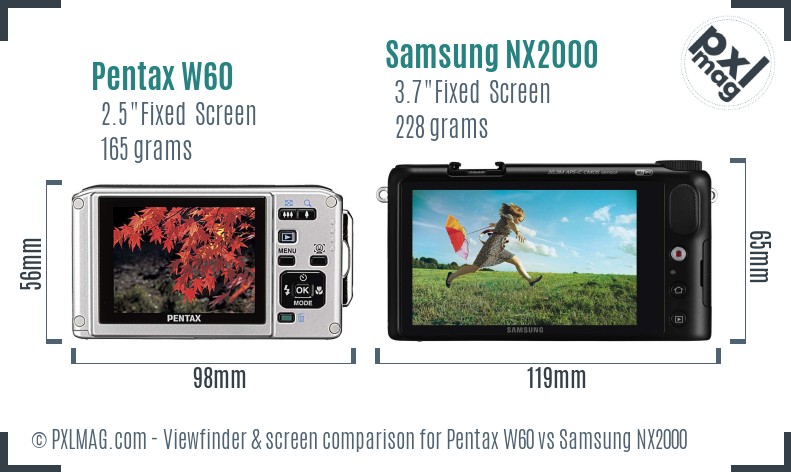 Pentax W60 vs Samsung NX2000 Screen and Viewfinder comparison