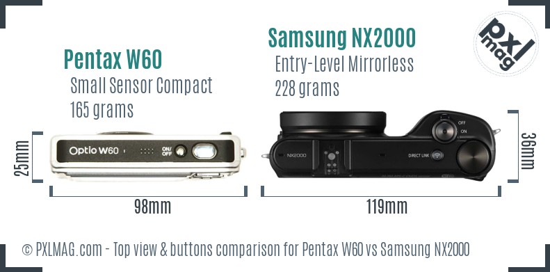 Pentax W60 vs Samsung NX2000 top view buttons comparison