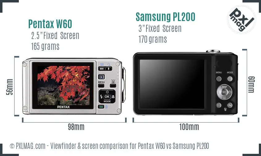 Pentax W60 vs Samsung PL200 Screen and Viewfinder comparison