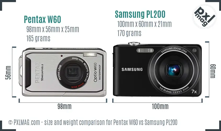 Pentax W60 vs Samsung PL200 size comparison