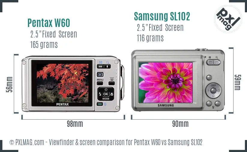 Pentax W60 vs Samsung SL102 Screen and Viewfinder comparison