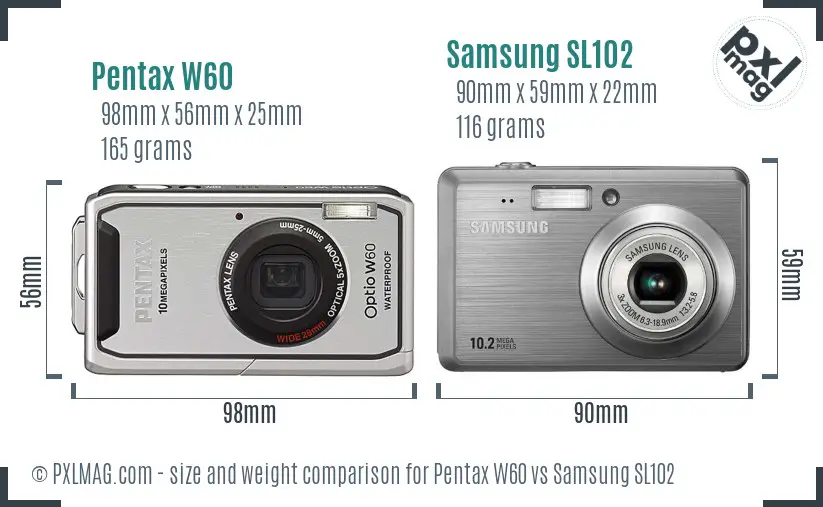 Pentax W60 vs Samsung SL102 size comparison