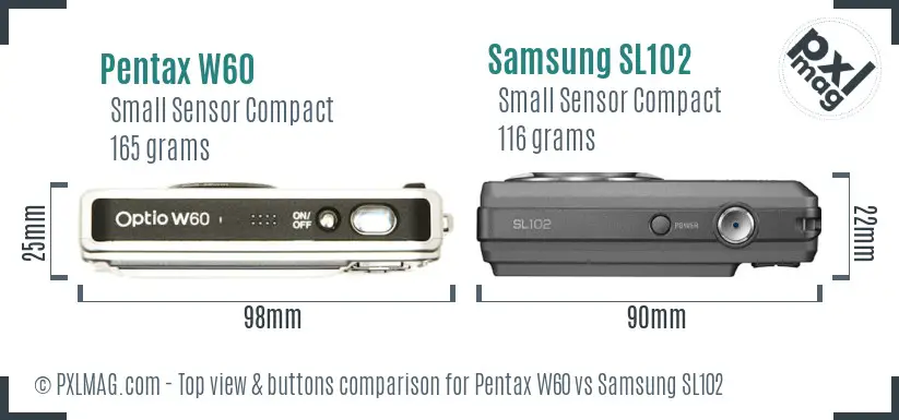 Pentax W60 vs Samsung SL102 top view buttons comparison