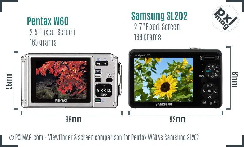 Pentax W60 vs Samsung SL202 Screen and Viewfinder comparison Pentax W60 vs Samsung SL202 Screen and Viewfinder comparison