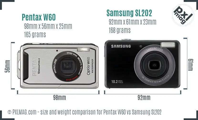 Pentax W60 vs Samsung SL202 size comparison Pentax W60 vs Samsung SL202 size comparison
