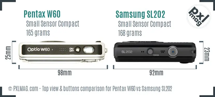 Pentax W60 vs Samsung SL202 top view buttons comparison Pentax W60 vs Samsung SL202 top view buttons comparison