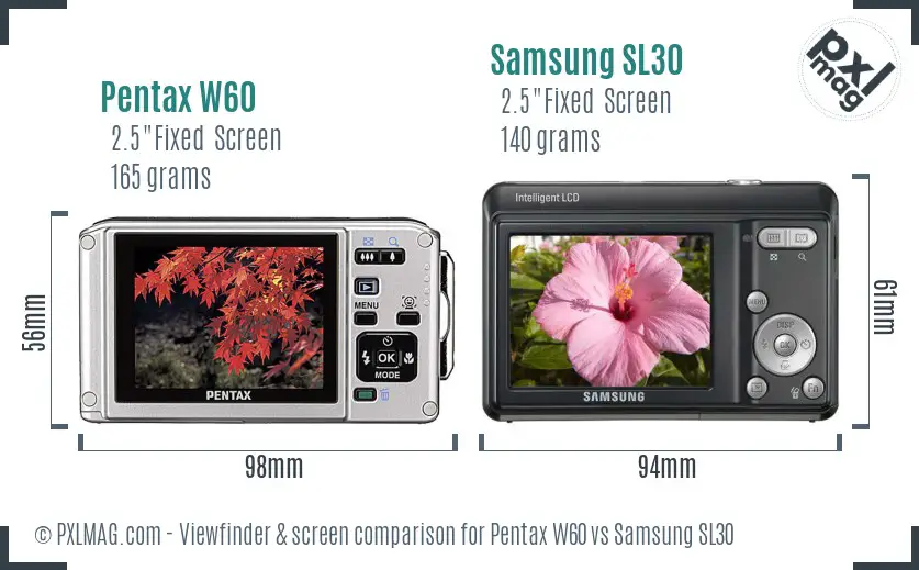 Pentax W60 vs Samsung SL30 Screen and Viewfinder comparison