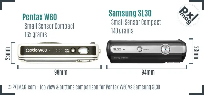 Pentax W60 vs Samsung SL30 top view buttons comparison