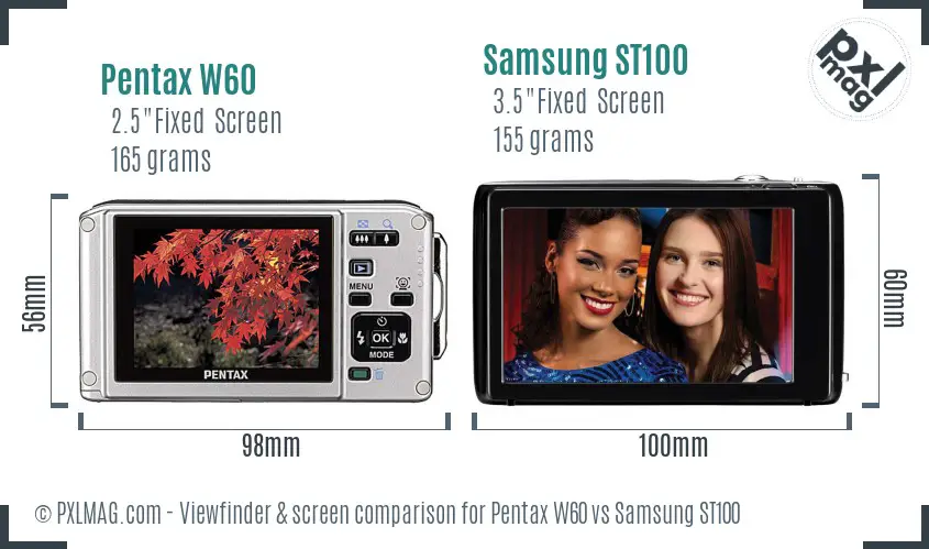 Pentax W60 vs Samsung ST100 Screen and Viewfinder comparison