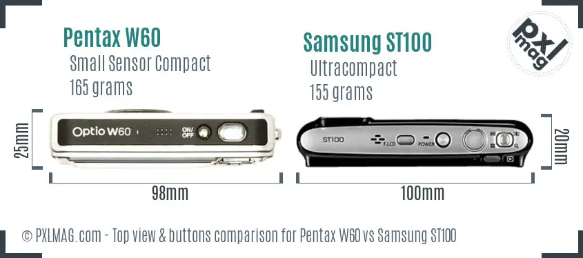 Pentax W60 vs Samsung ST100 top view buttons comparison