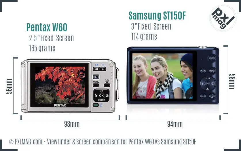 Pentax W60 vs Samsung ST150F Screen and Viewfinder comparison