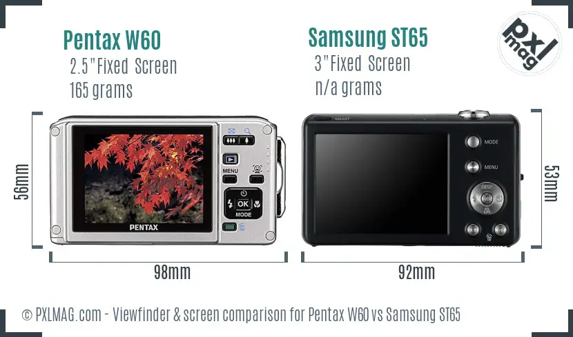 Pentax W60 vs Samsung ST65 Screen and Viewfinder comparison