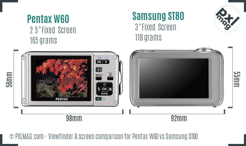 Pentax W60 vs Samsung ST80 Screen and Viewfinder comparison