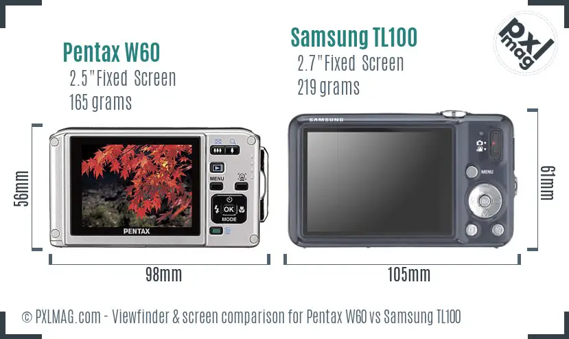 Pentax W60 vs Samsung TL100 Screen and Viewfinder comparison
