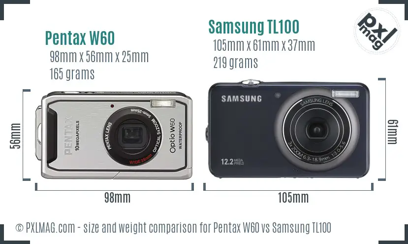Pentax W60 vs Samsung TL100 size comparison