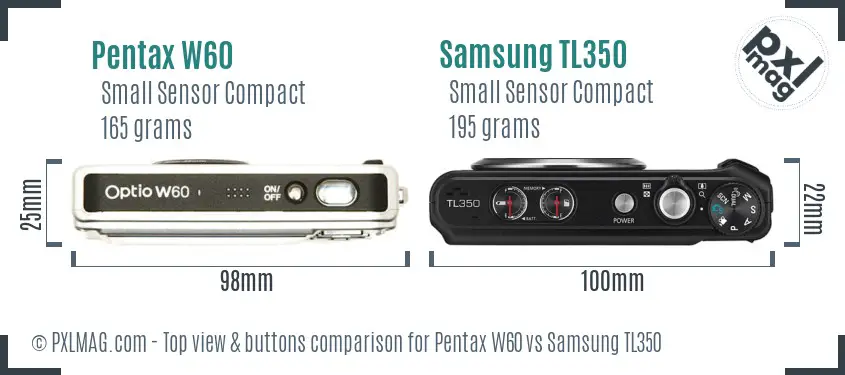 Pentax W60 vs Samsung TL350 top view buttons comparison