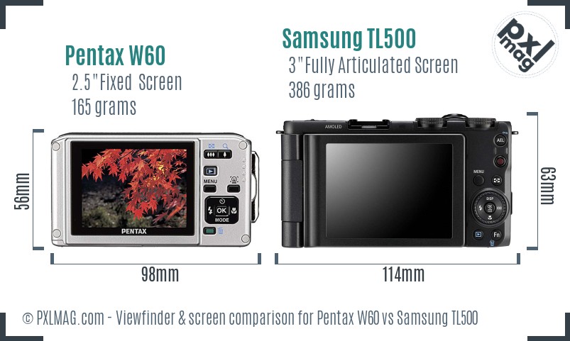 Pentax W60 vs Samsung TL500 Screen and Viewfinder comparison