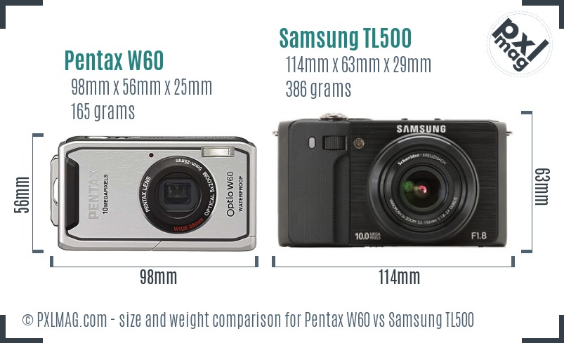 Pentax W60 vs Samsung TL500 size comparison