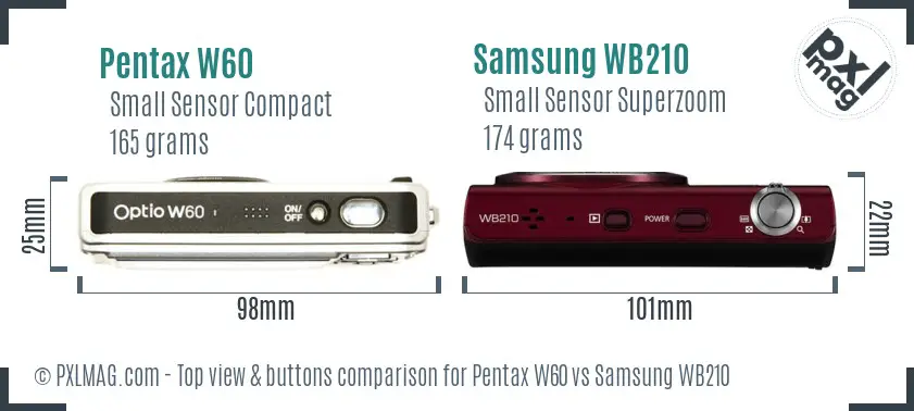 Pentax W60 vs Samsung WB210 top view buttons comparison Pentax W60 vs Samsung WB210 top view buttons comparison
